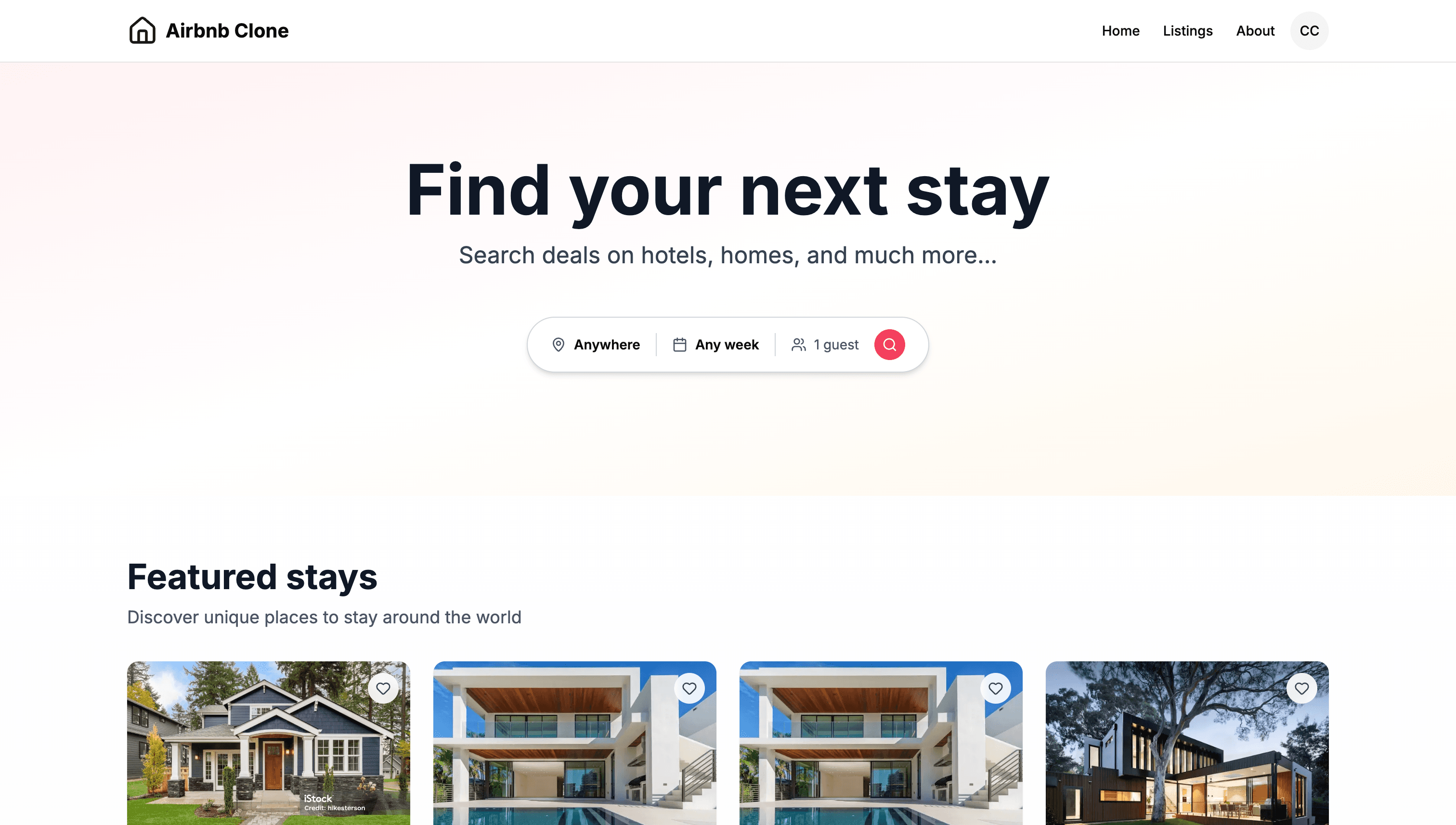Home page with search bar and featured stays